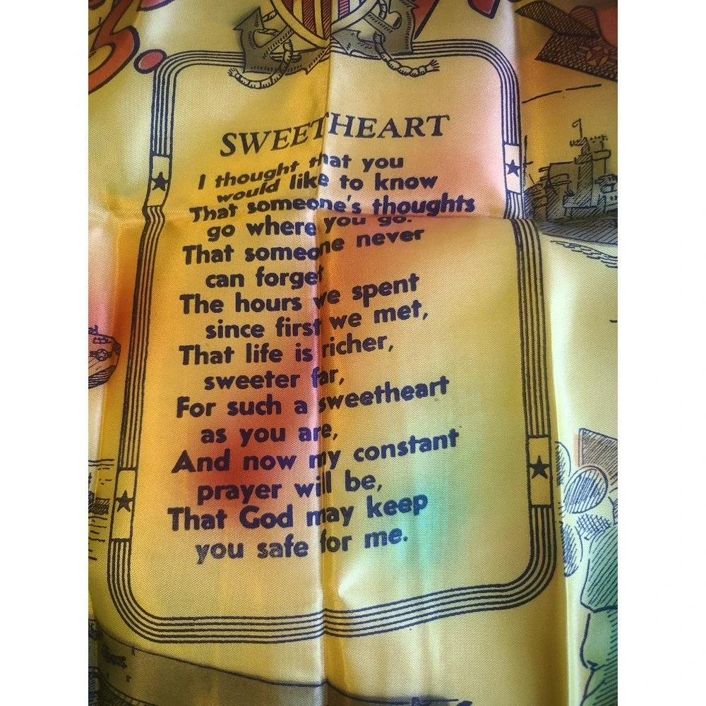 Vintage WWII US Navy Sweetheart Souvenir Pillow Cover Fringed Satin Poem Sham